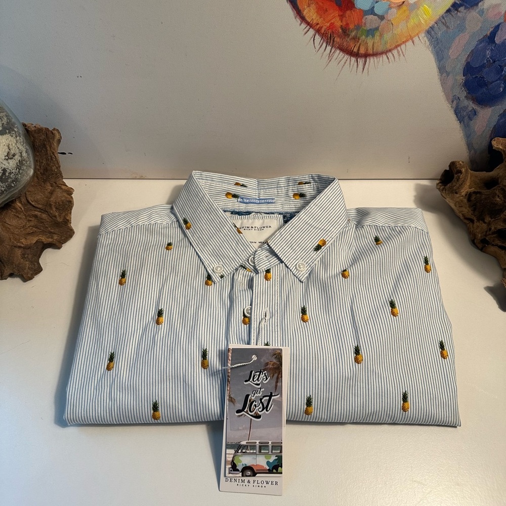 Denim and Flower Pineapple Button Down Shirt